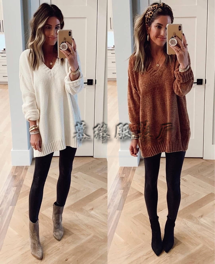 Fashion Long Sleeve V-neck Knitted Loose Loose Pullover Women