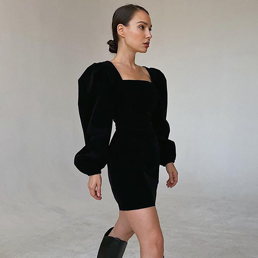 Pleuche Dress Autumn and Winter European and American Style Sexy Women's Wear Xiao Black Dress Slimming A- line Skirt Short Skirt