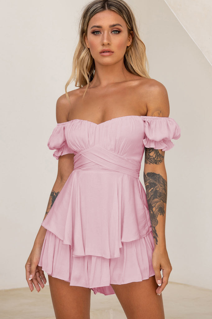 Jumpsuit Solid Color Fashion Sexy off-Neck Lantern Ruffle Sleeve Casual Summer Women's Clothing Short Pants