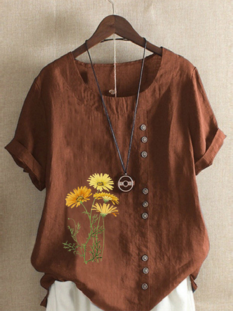 Cotton and Linen New Hot Flower Series Printed Loose round Neck T-shirt for Women