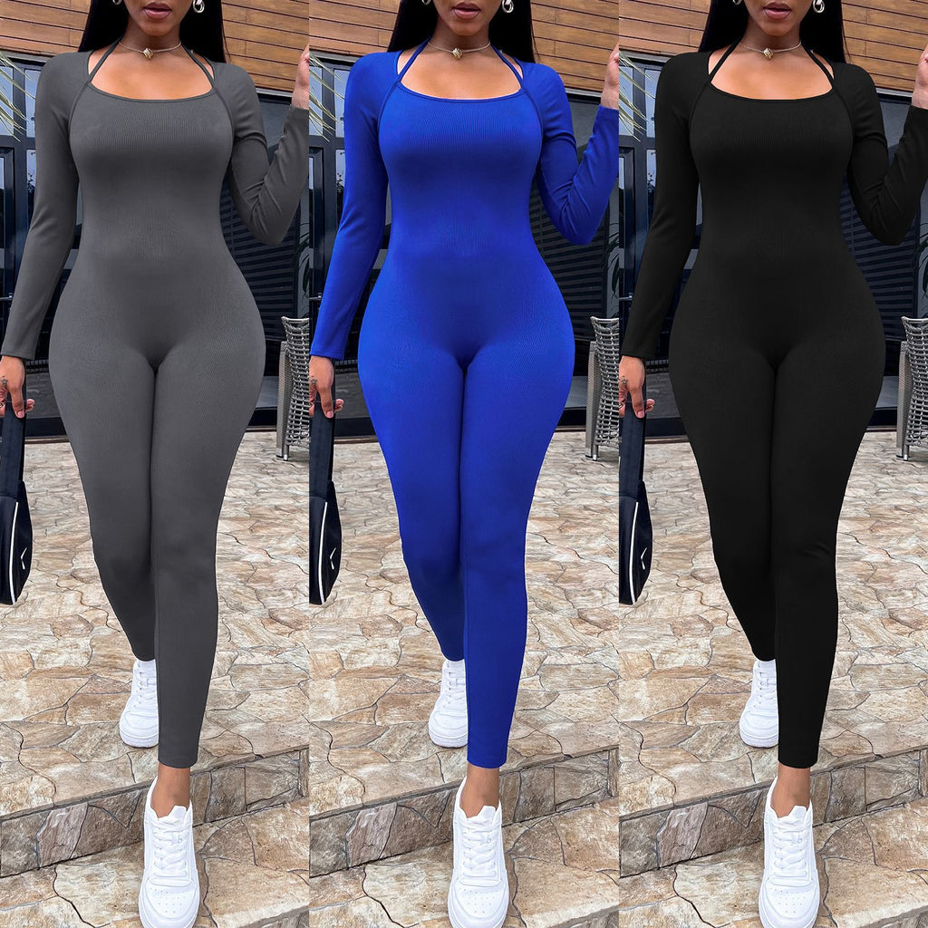 2022 Women's Fashion Slim Fit Slimming Lanyard Jumpsuit Versatile round Neck Jumpsuit for Women