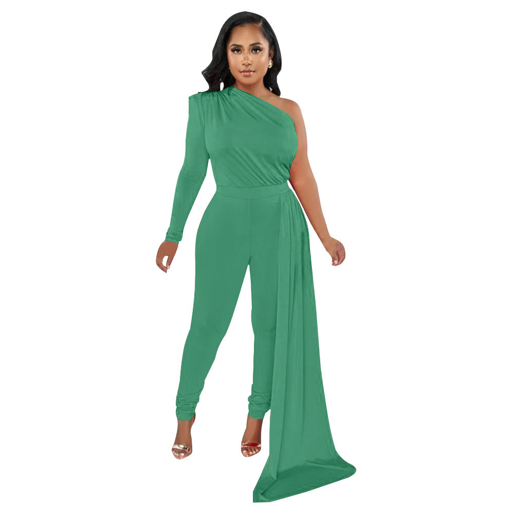 Women's Pleated Shoulder Pure Color Tight Jumpsuit