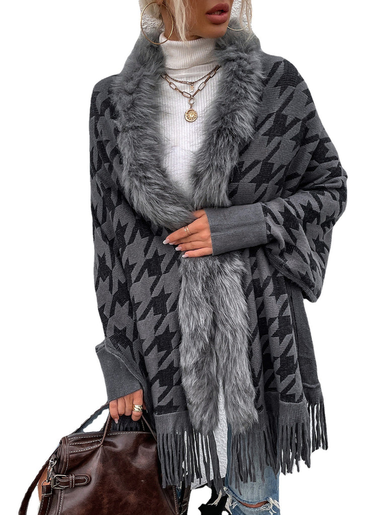 Autumn and Winter Light Luxury Fur Collar Houndstooth Tassel Shawl Sweater
