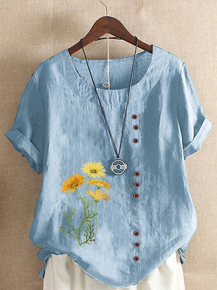 Cotton and Linen New Hot Flower Series Printed Loose round Neck T-shirt for Women