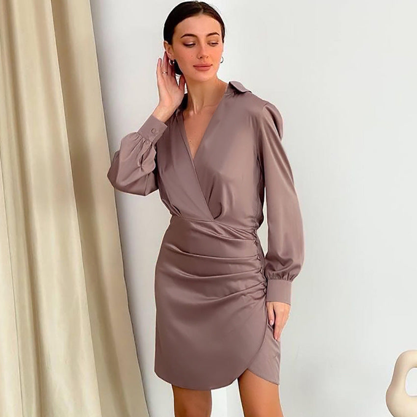 European and American-Style Low Collar Dress Short Skirt Women's Satin Deep V-neck A- line Skirt Waist-Tight Artificial Silk