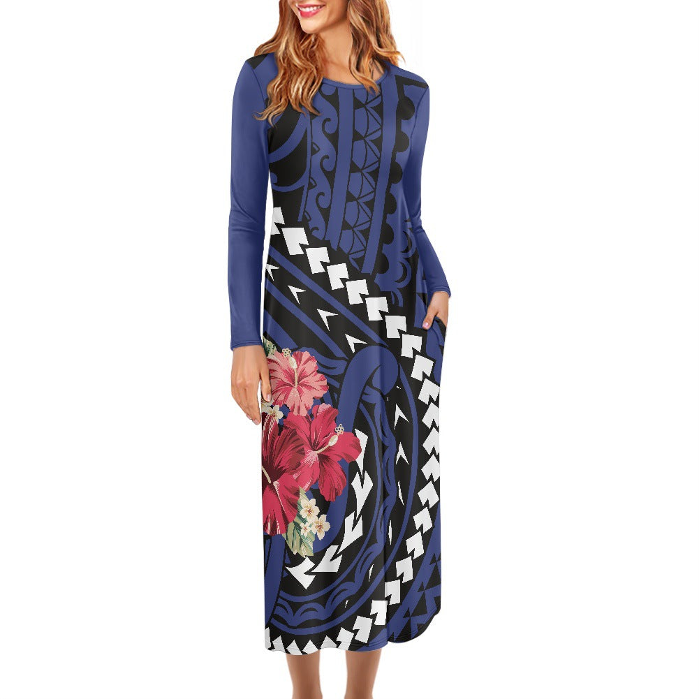 Hawaiian Print Dress Large Size Long Sleeve Round Neck Foreign Trade Women's Long Skirt