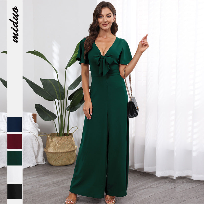 Bow V-neck Lotus Leaf Sleeves Loose Temperament Elegant Jumpsuit Chiffon Wide Leg Pants