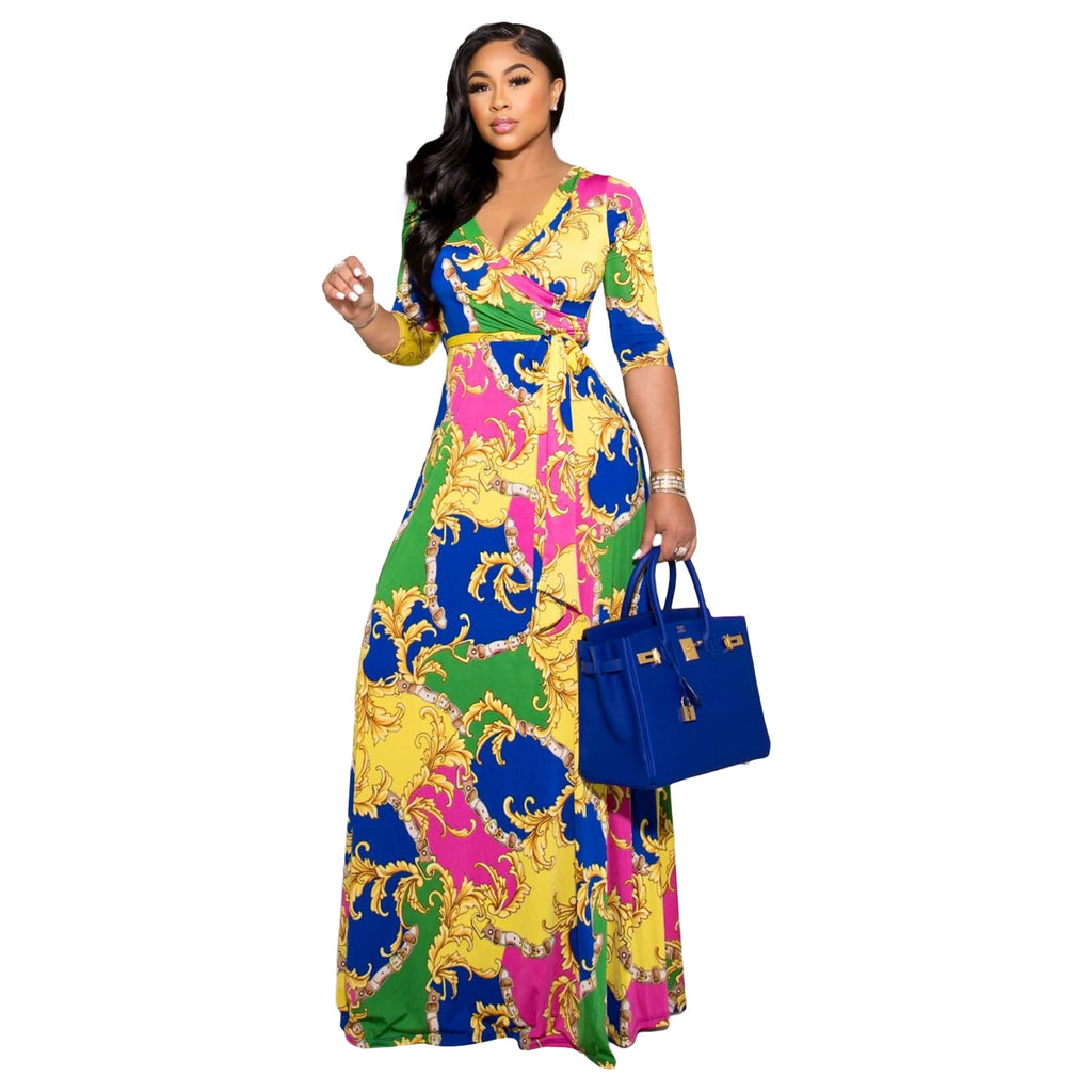 YM-8616 women fahshion 3/4 sleeve v neck foral printed maxi dress