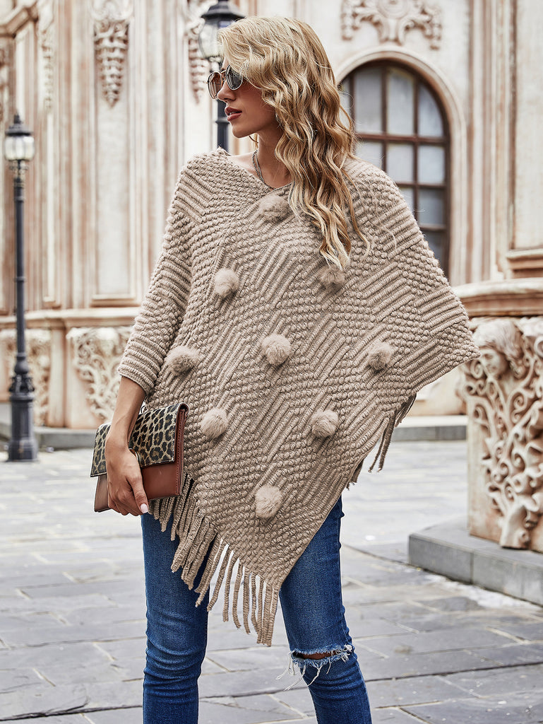 Autumn and Winter New Mid-Length Hairy Ball Tassel Shawl Sweater