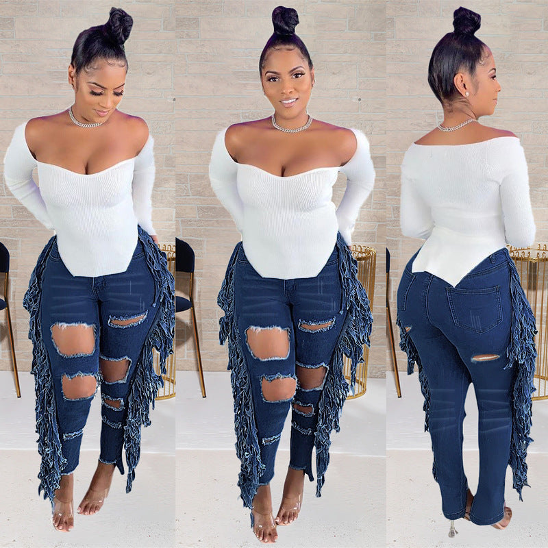 Bestseller Casual Large Ripped Tassel Denim Trousers for Women