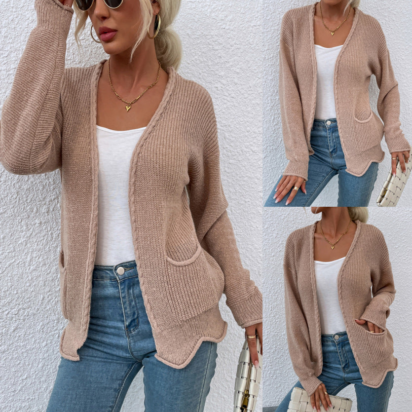 Autumn and Winter Wave Pocket Twist Cardigan Sweater Coat