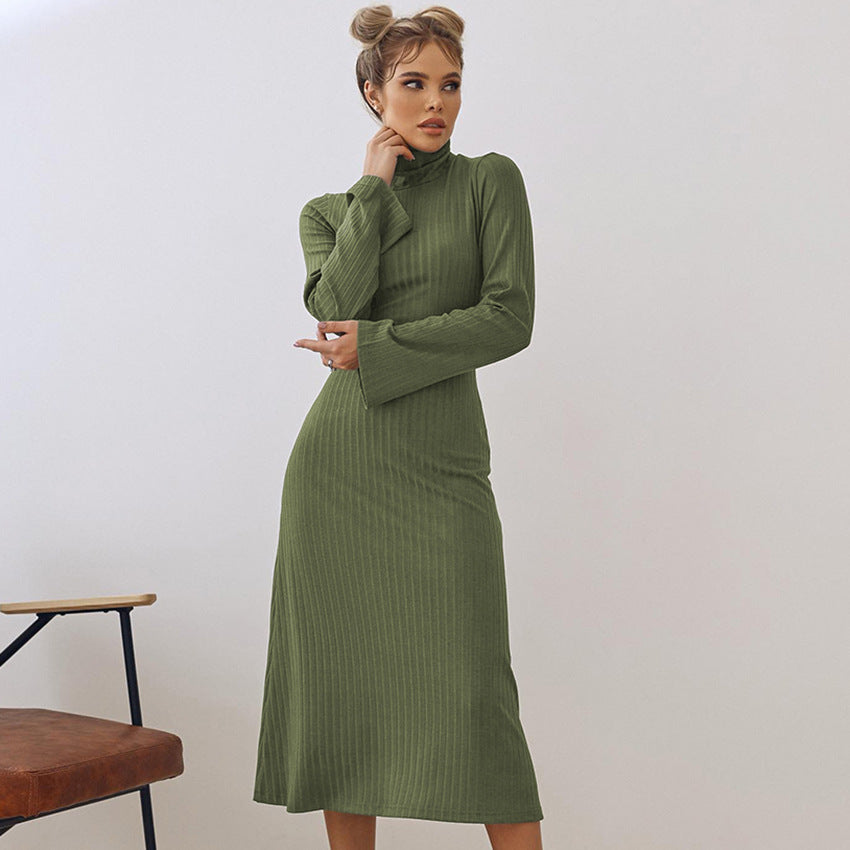 Temperament Commute Long Dress Turtleneck Sheath Dress Niche Pleated Cross-Border European and American Women's Clothing