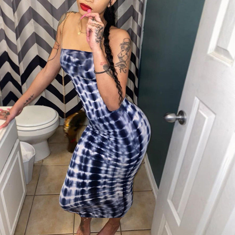 Printed Tube Top Large Size Sheath High Waist Slim One-Step Long Dress Sexy off-Shoulder Dress