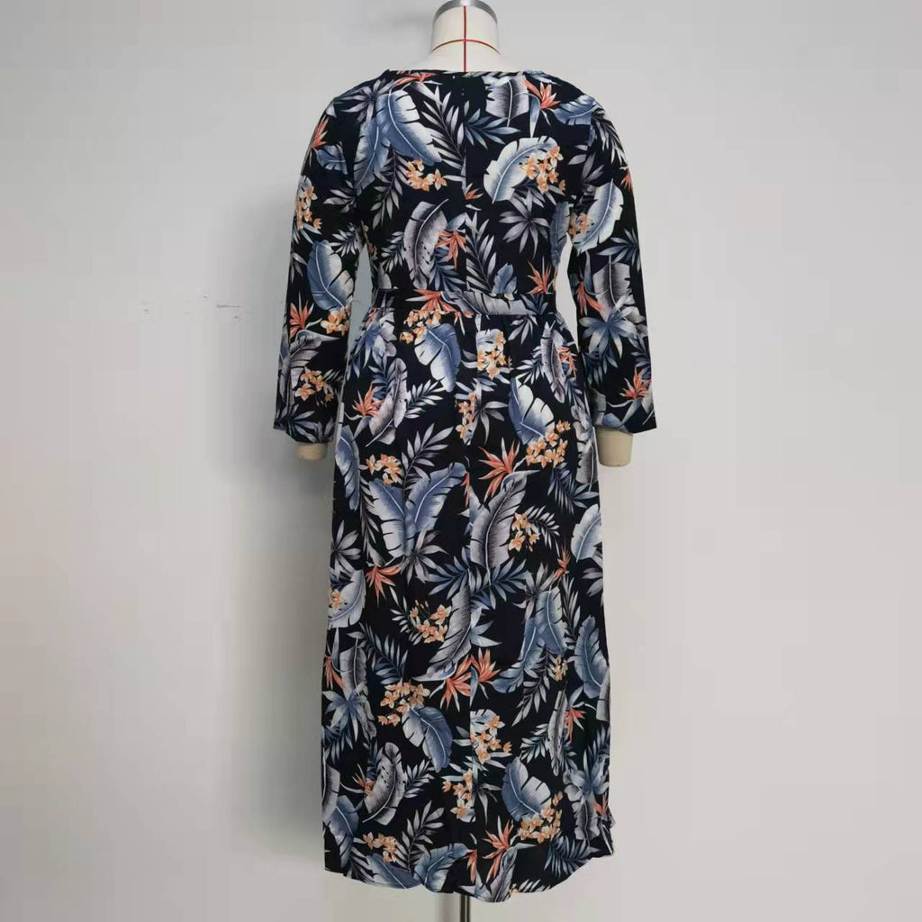 Women's Long Sleeve Big Hem Printed Chiffon Long Dress