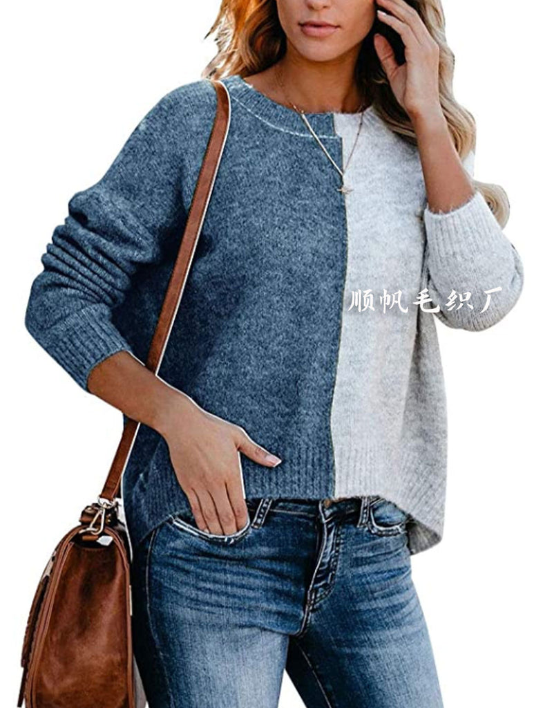 Women's Long-Sleeved Floral Block Sweater Casual Loose round Neck Pullover