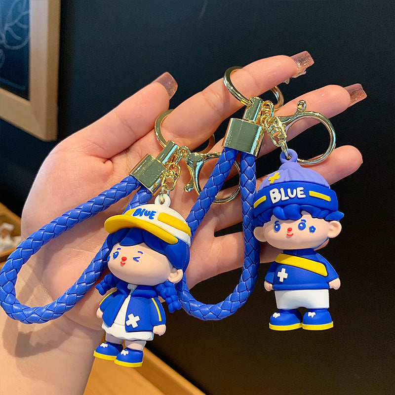 Creative Klein Blue Couple Keychain Ornaments Cartoon Car Key Chain Bag Doll Pendant Gift