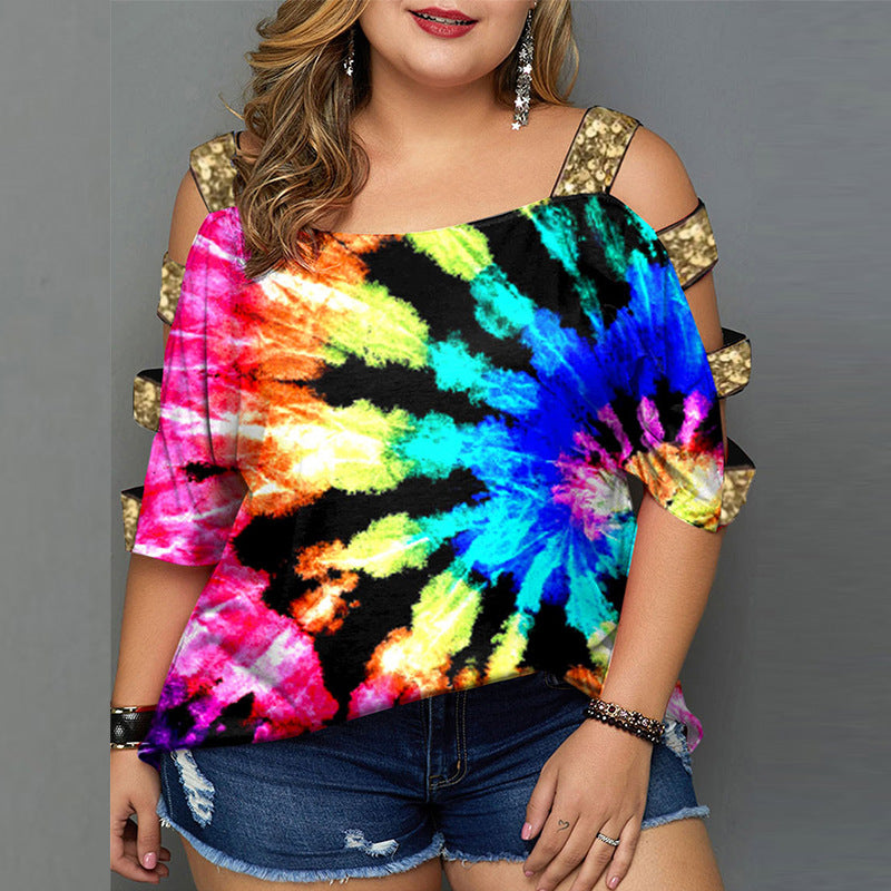 Girdle off-the-Shoulder Hollow-out Sequined T-shirt Top for Women