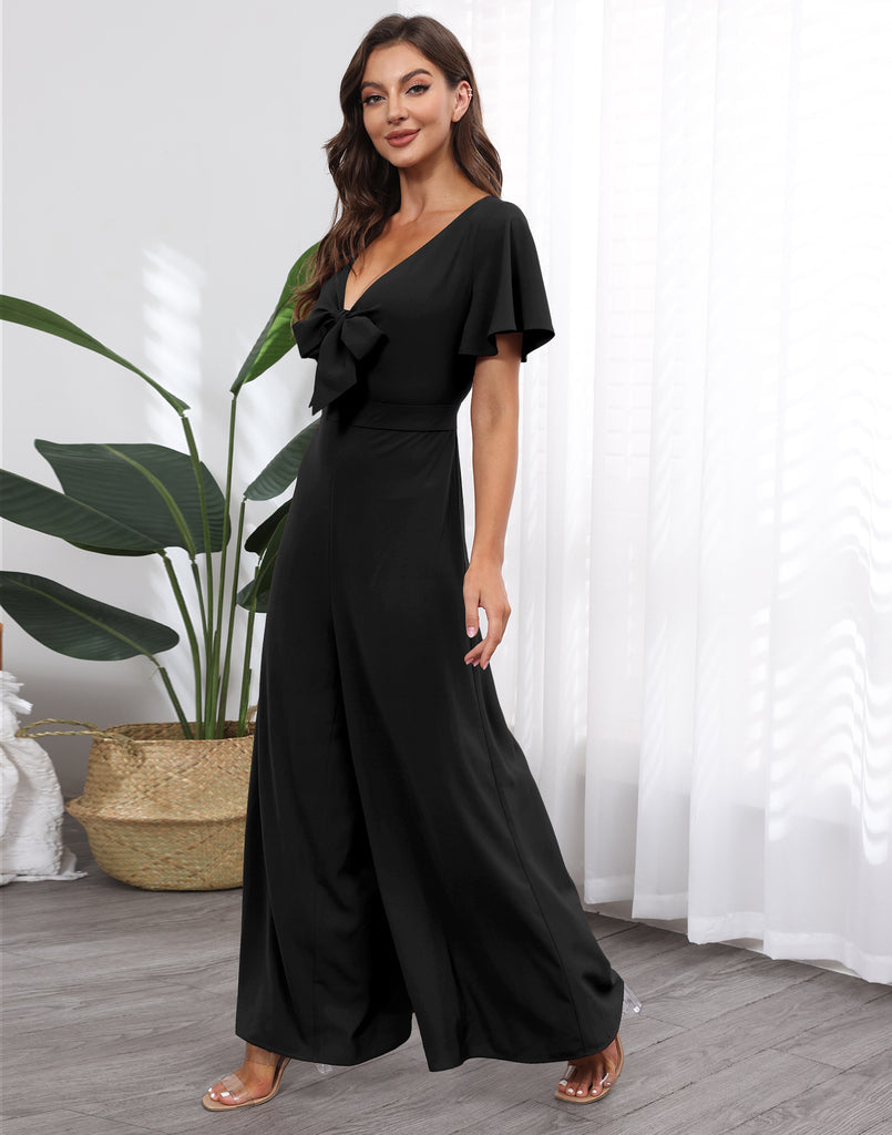 Bow V-neck Lotus Leaf Sleeves Loose Temperament Elegant Jumpsuit Chiffon Wide Leg Pants