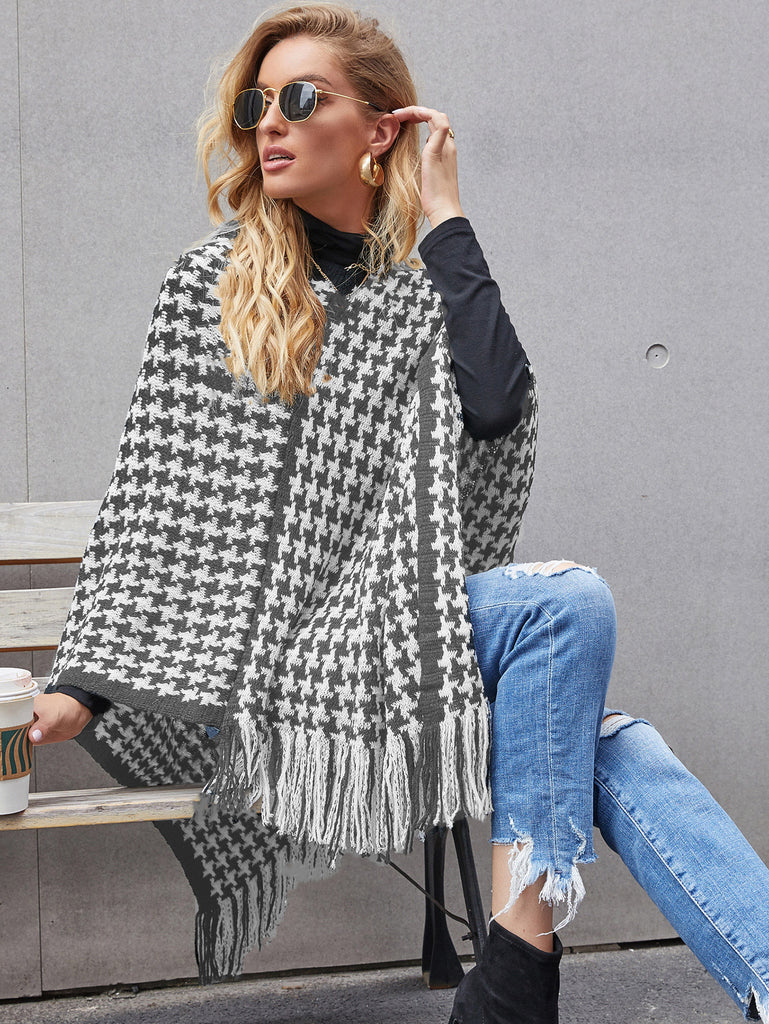 Autumn and Winter New Houndstooth Tassel Shawl Sweater Cloak Women