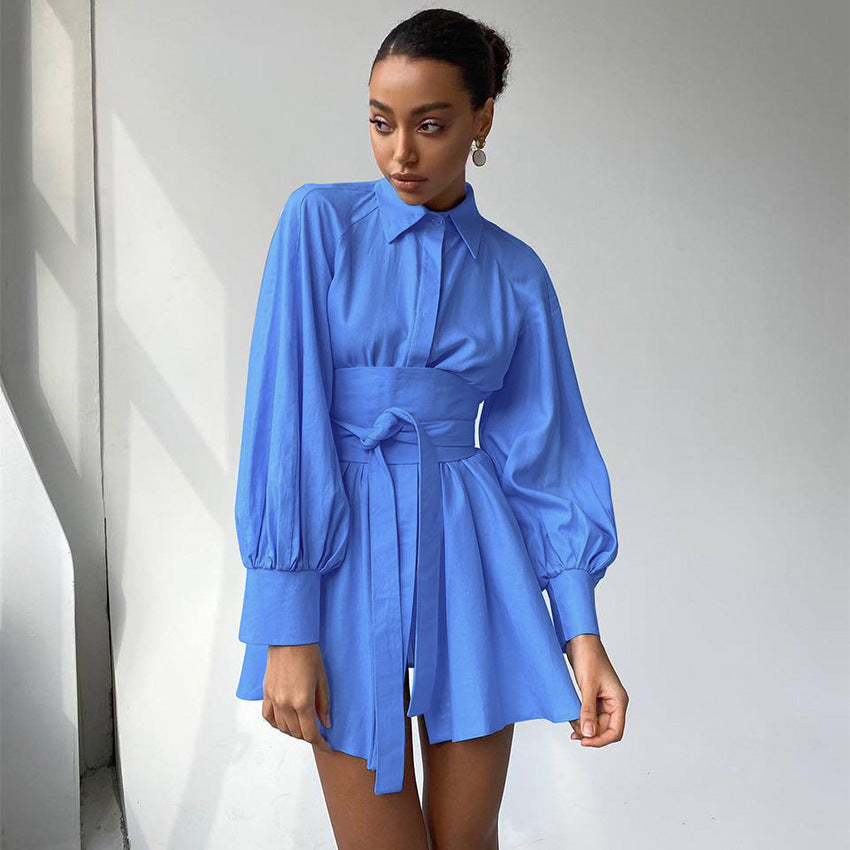 European and American Long Sleeve Short Dress Temperament Commute Shirt Dress Pure Cotton Niche Dress