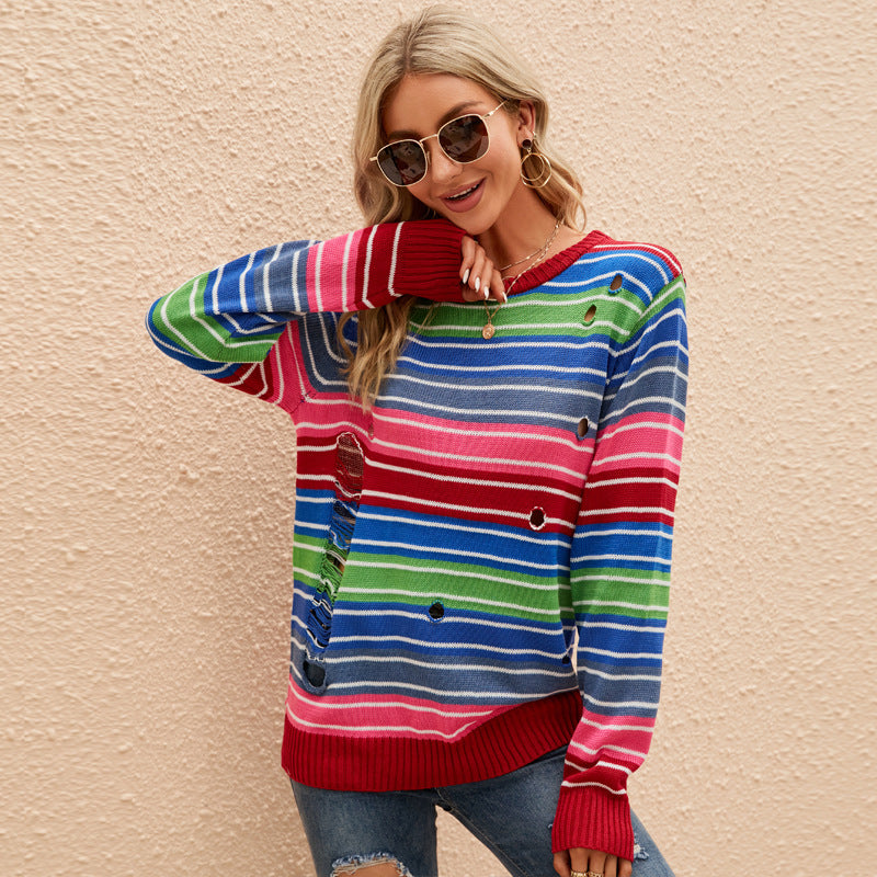 Color Sweater Long Sleeve round Neck Striped Sweater Loose Casual Contrast Color Ripped Sweater