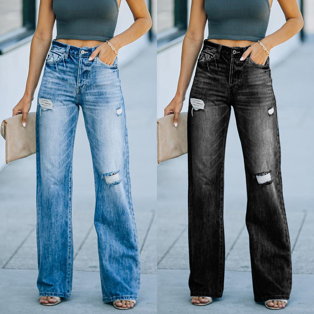 Casual Pants Slim Temperament Ripped Wide-Leg Jeans Trousers Women's Fashion