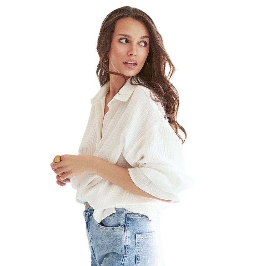 Flared Sleeves Long Sleeves Shirt European and American Pure Cotton Leisure Commute Niche Women's White Shirt