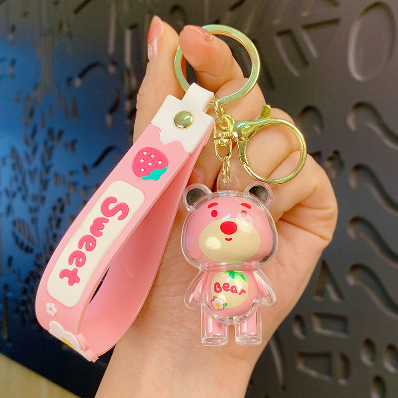 Creative Cartoon Acrylic Strawberry Bear Keychain Cute Fashion Couple Car Key Chain Bag Ornaments