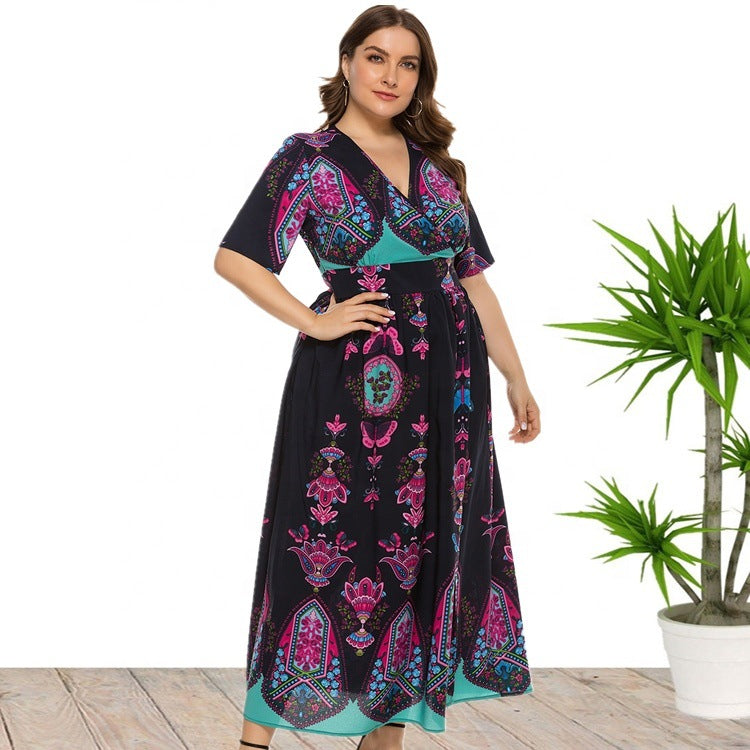 European and American plus Size Women's Clothes Dress Bohemia Printed Dress