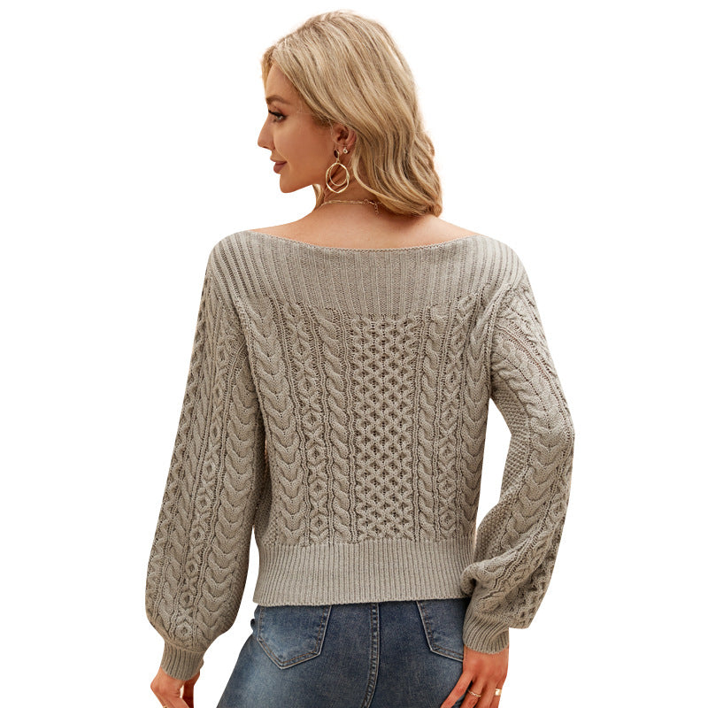 Women's Top Pure Color All-Matching Twisted Knitted Sweater Sexy Slim-Fit off-Neck Sweater