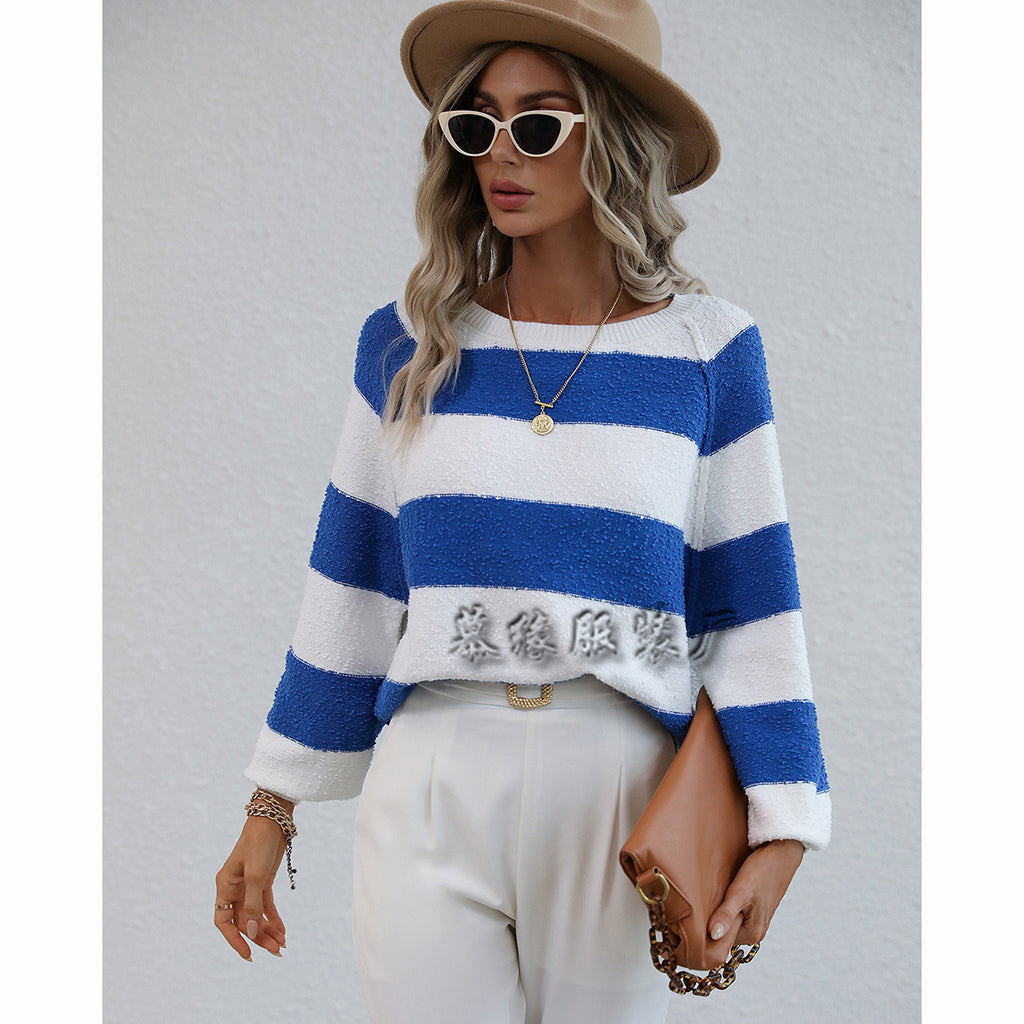 2 Sweater Stitching Color Striped Sweater Pullover Loose Sweater for Women