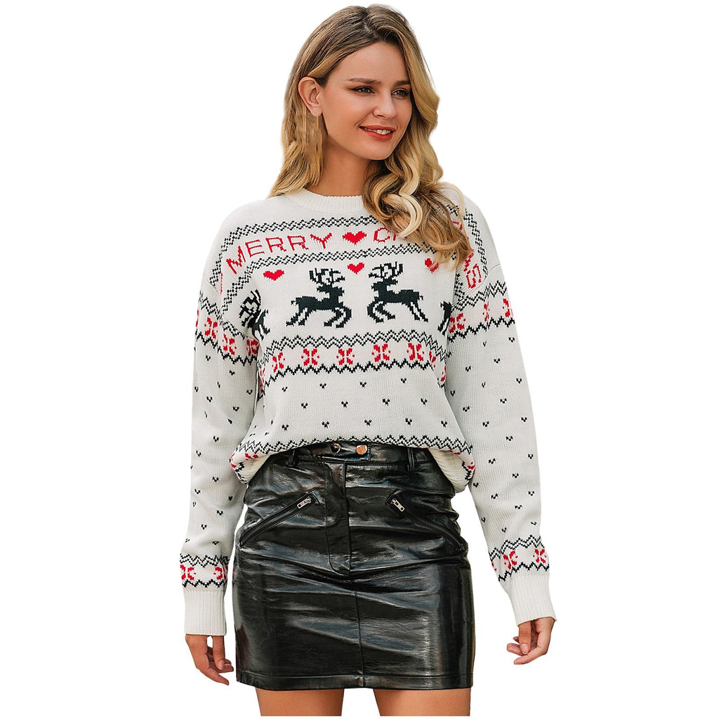 Christmas Sweater Women's Pullover round Neck Loose and Idle Deer Jacquard Sweater