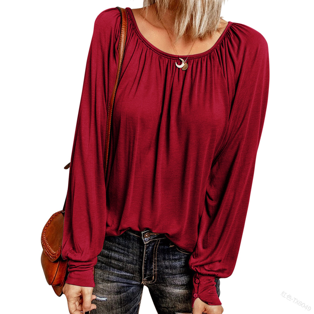 Bestseller Solid Color Crew Neck Casual Pleated Long-Sleeved Top