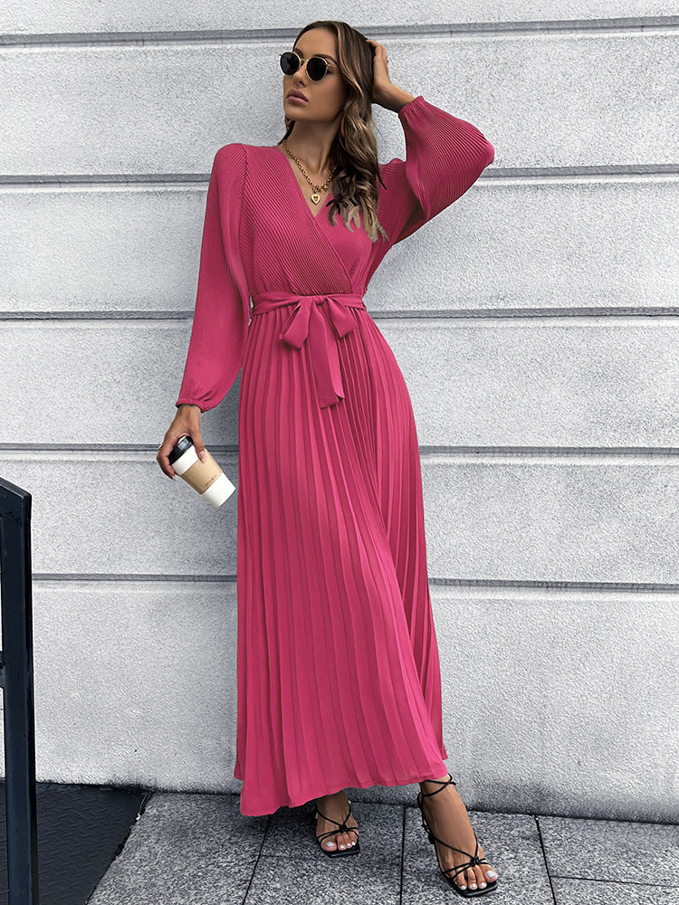 Women's New V-neck Long Sleeve Pleated A- line Skirt European and American Mid-Length Dress