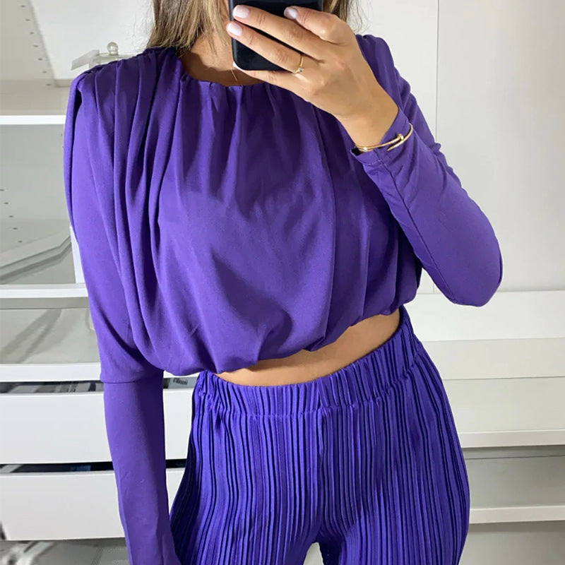 European and American Women's Clothing 2023 Spring O-neck Short Long Sleeve Underwear Blouse Pleated High Waist Casual Trousers Two-Piece Set