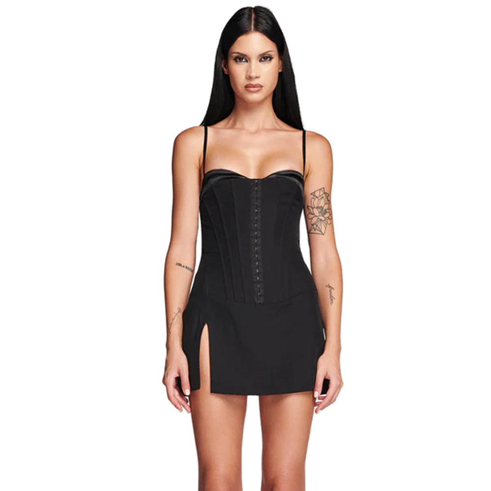 Hot Girl Sexy Slim Fit Backless Split Skirt Black Camisole Dress Small Dress