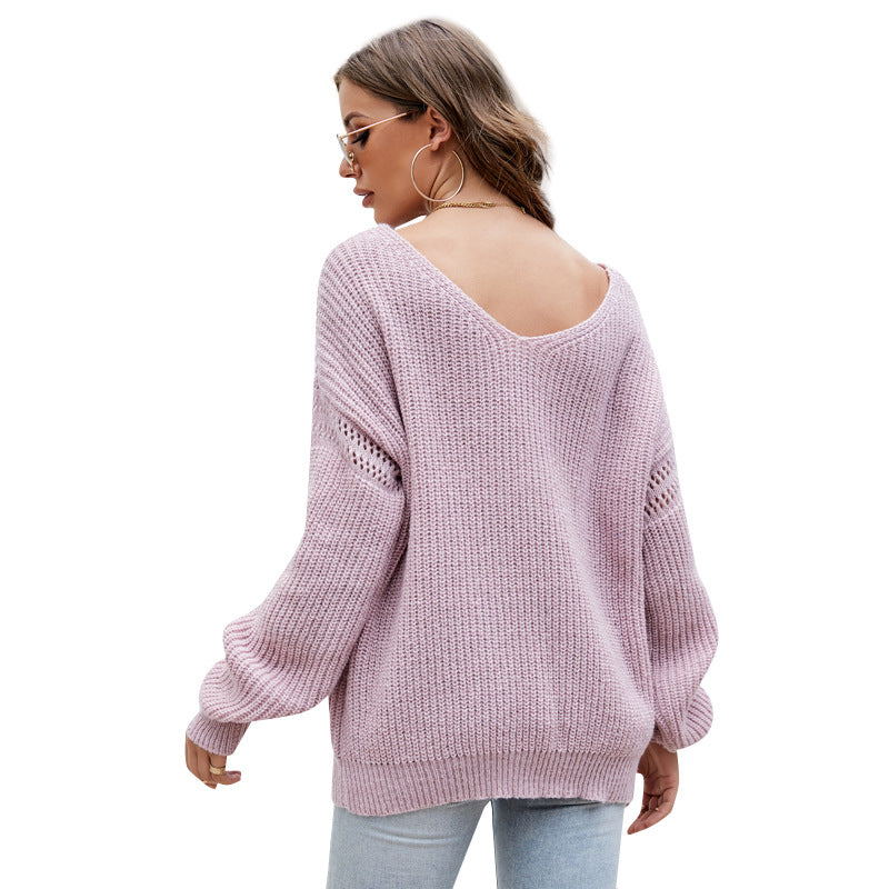 European and American Solid Color Long-Sleeved Sweater Loose V-neck Pullover Sweater Women