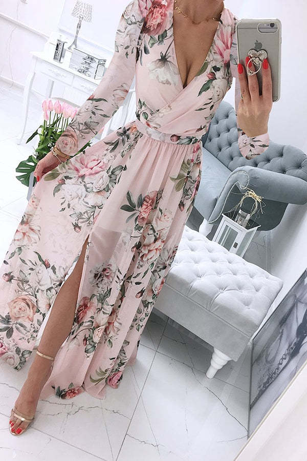 Women's Long-Sleeved V-neck Chiffon Printed Bohemian Dress