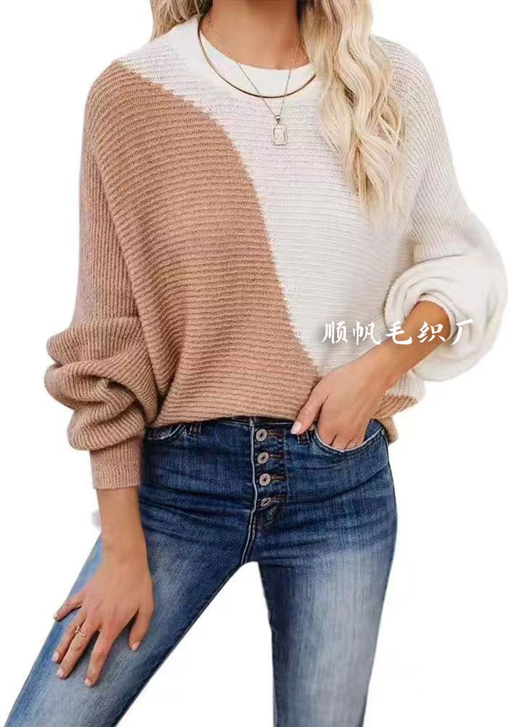 Batwing Sleeve Color-Block Crew Neck Knitwear Pullover Long Sleeve Sweater Women