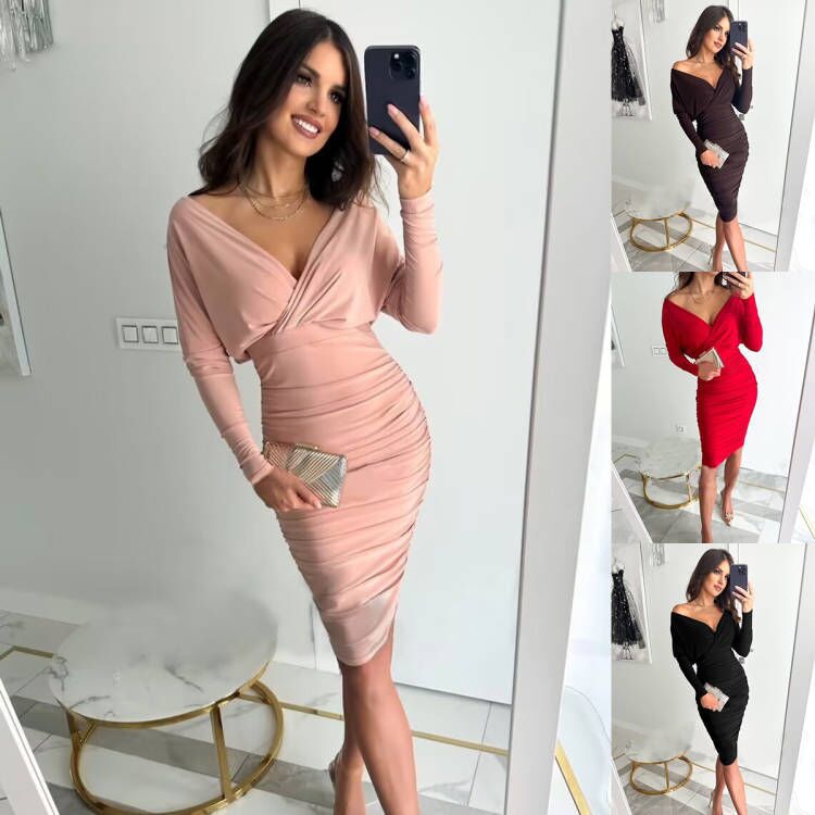 Women's Long Sleeve V-neck Sexy Waist-Tight Sheath Dress