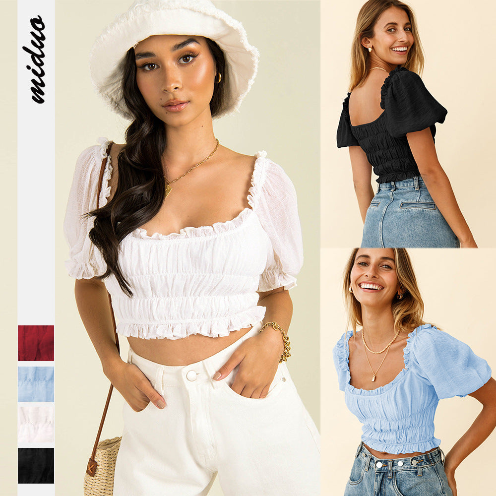 European and American Fashion Women's Wear Pleated Lantern Short Sleeve Ruffled Chiffon Top Ultra Short Bare Midriff