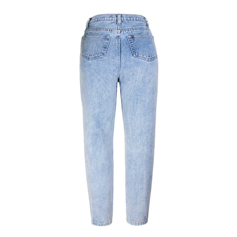 European and American Style Jeans Female Leisure Washed-out Hole High Waist Straight Pants