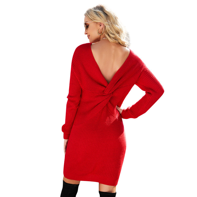 Autumn and Winter Sweater Women's Sexy Sheath Long Knitwear Solid Color Backless Twisted Dress Sweater