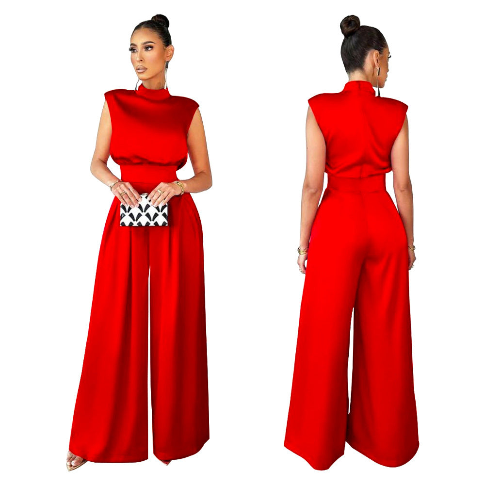 Fashionable Wide Leg Pants Solid Color Turtleneck Sleeveless Fitted Waist Jumpsuit