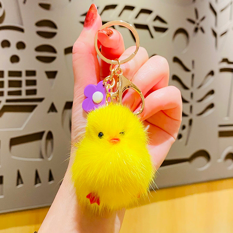 Cartoon Cute Plush Mink Fur Chicken Creative Car Keychain Schoolbag Pendant a Pair of Internet Celebrity Small Gifts