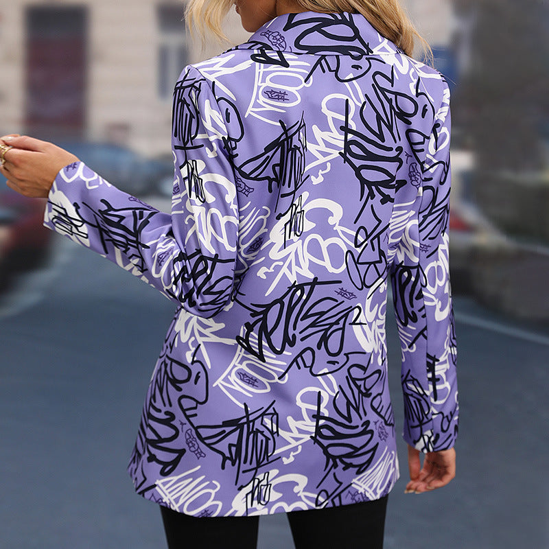 Women's Leisure Suit-Letter Printed Purple Blazer