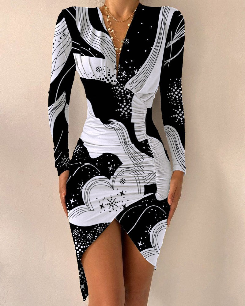 Autumn and Winter Long Sleeve V-neck Printed Tight Split Dress Women's Clothing