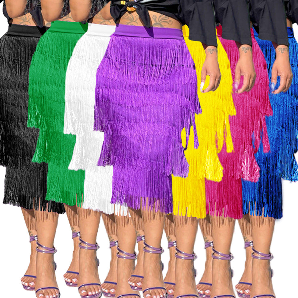 European and American Style Women's Skirt Tassle Fashion Elegant Skirt Mid-Length Skirt