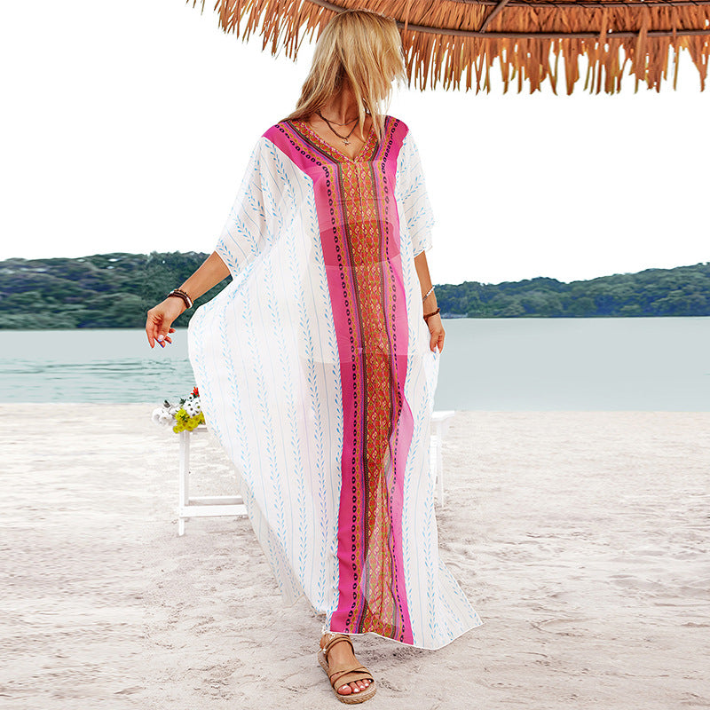 Bohemian Style Long Dress Casual Beach Half Sleeve Women's V-neck Dress