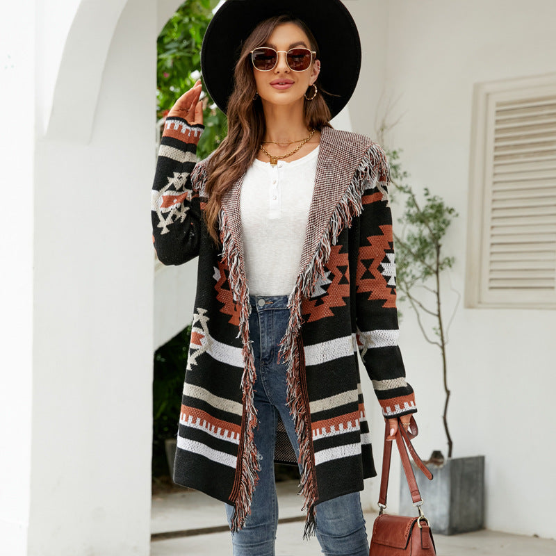 Autumn and Winter European and American Sweater Tassel Hooded Knit Cardigan Geometric Jacquard Long Sweater Coat